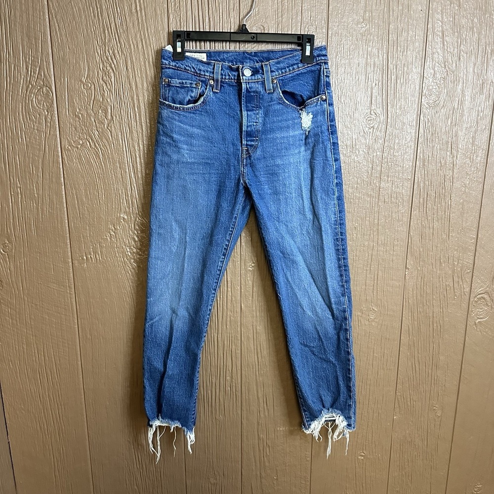 Levi's Premium 501 Jeans Womens 27 x 26 Blue Big E Straight High Raw Hem Button